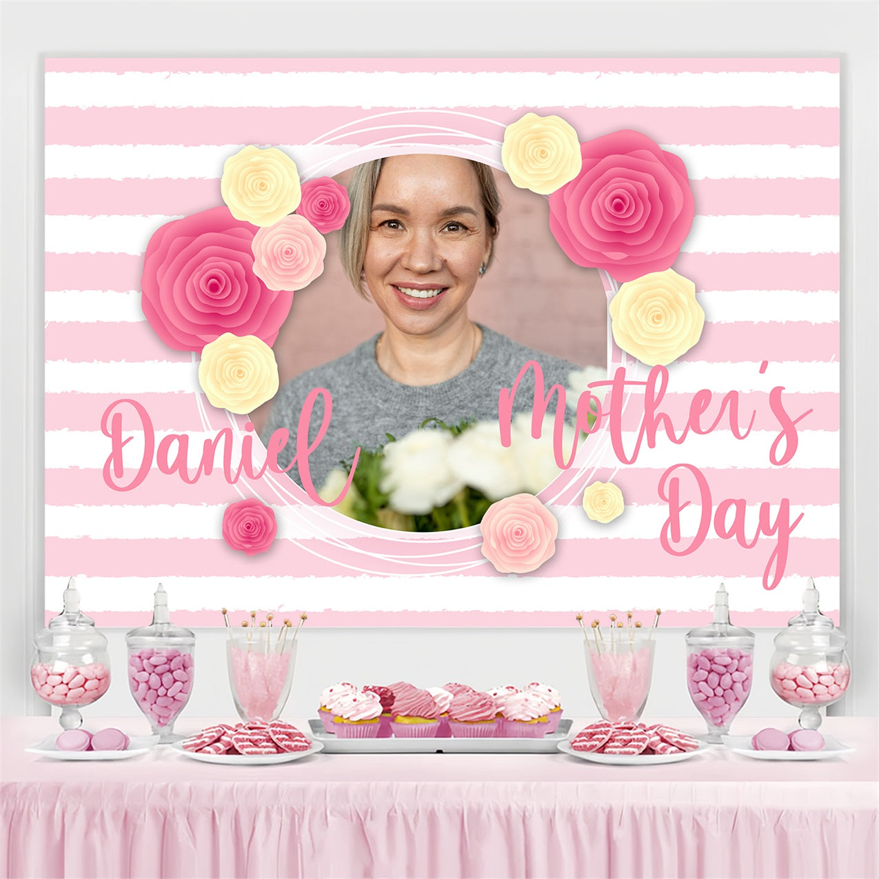 Mother's Day Backdrop Pastel Striped Rose Customized Backdrop BRP3-159