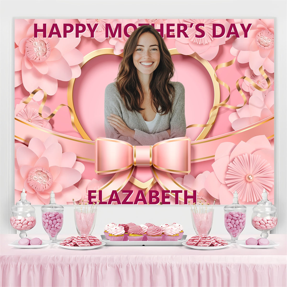 Mothers Day Photo Backdrop Luxury Floral Ribbon Custom Backdrop BRP3-168