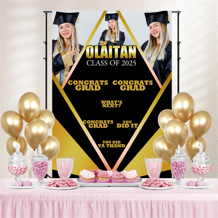 2025 Graduation Backdrop Black Gold Custom Party Graduation Backdrop BRP3-231