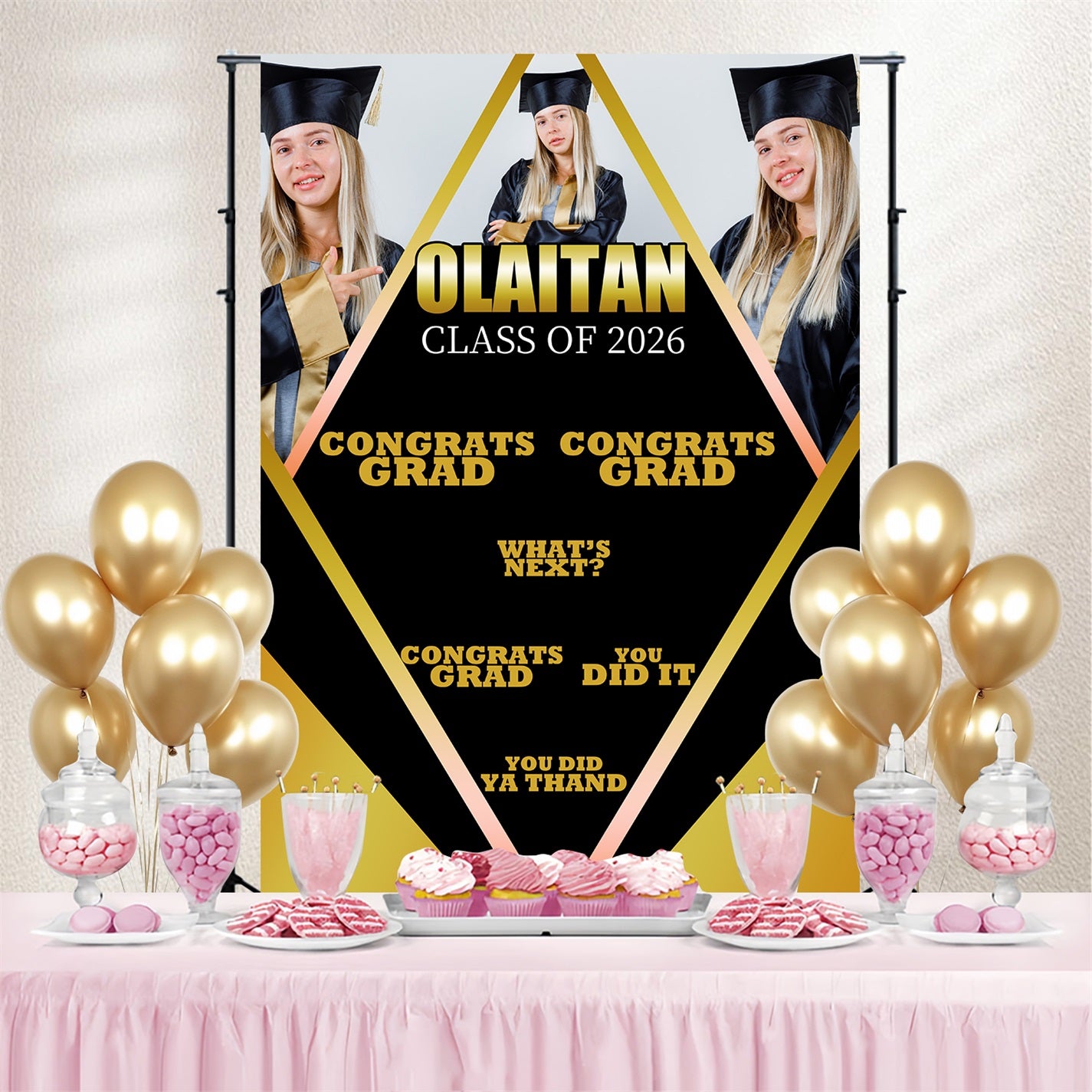 2026 Graduation Backdrop Black Gold Custom Party Graduation Backdrop BRP3-231