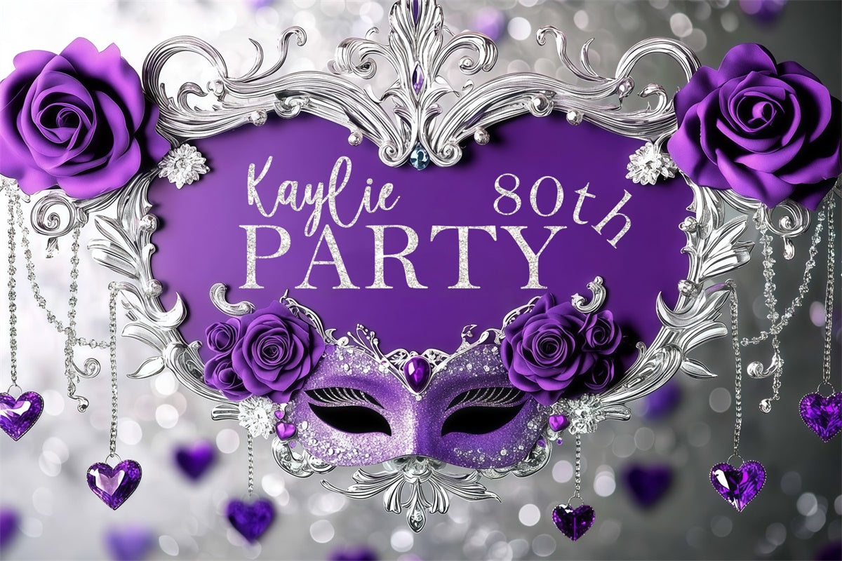Customized Backdrop For Birthday Purple Mask Roses Glitter Backdrop BRP3-245