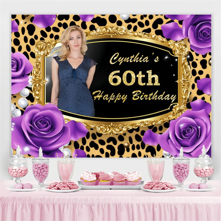 Personalized 60th Birthday Backdrop Golden Leopard Frame Rose Backdrop BRP3-246