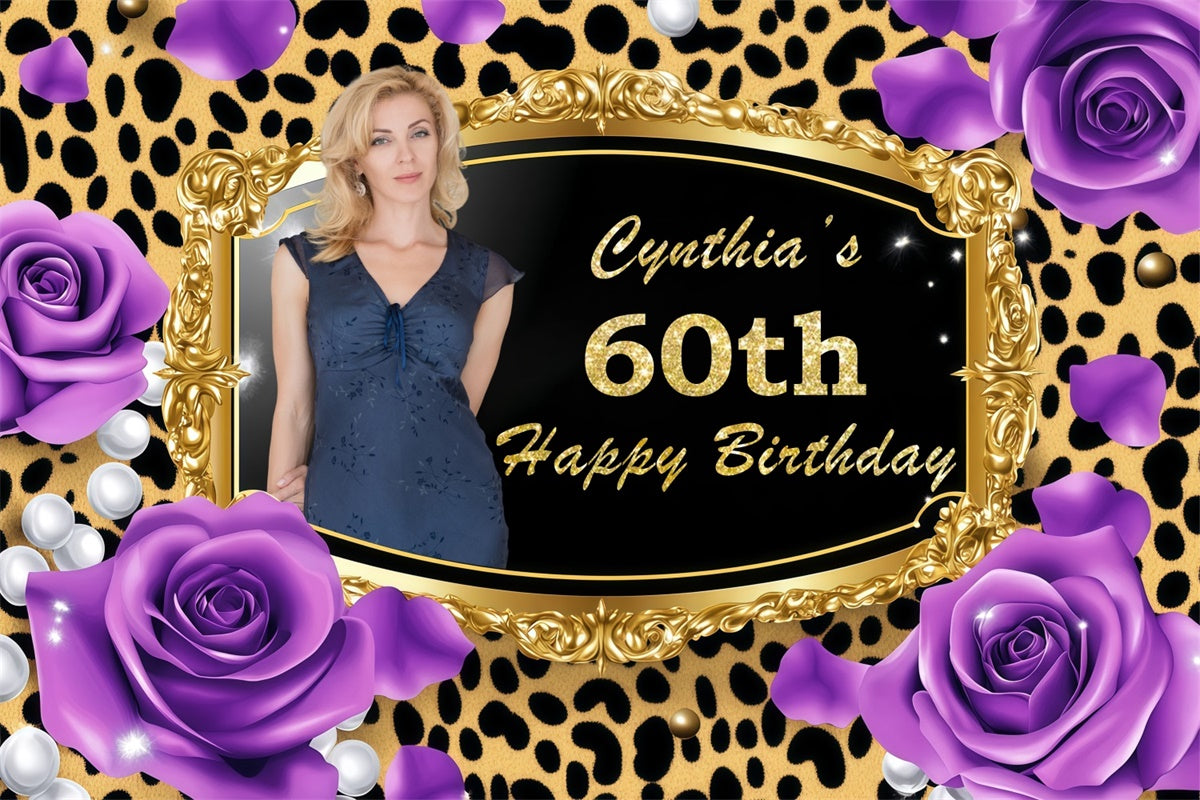 Personalized 60th Birthday Backdrop Golden Leopard Frame Rose Backdrop BRP3-246