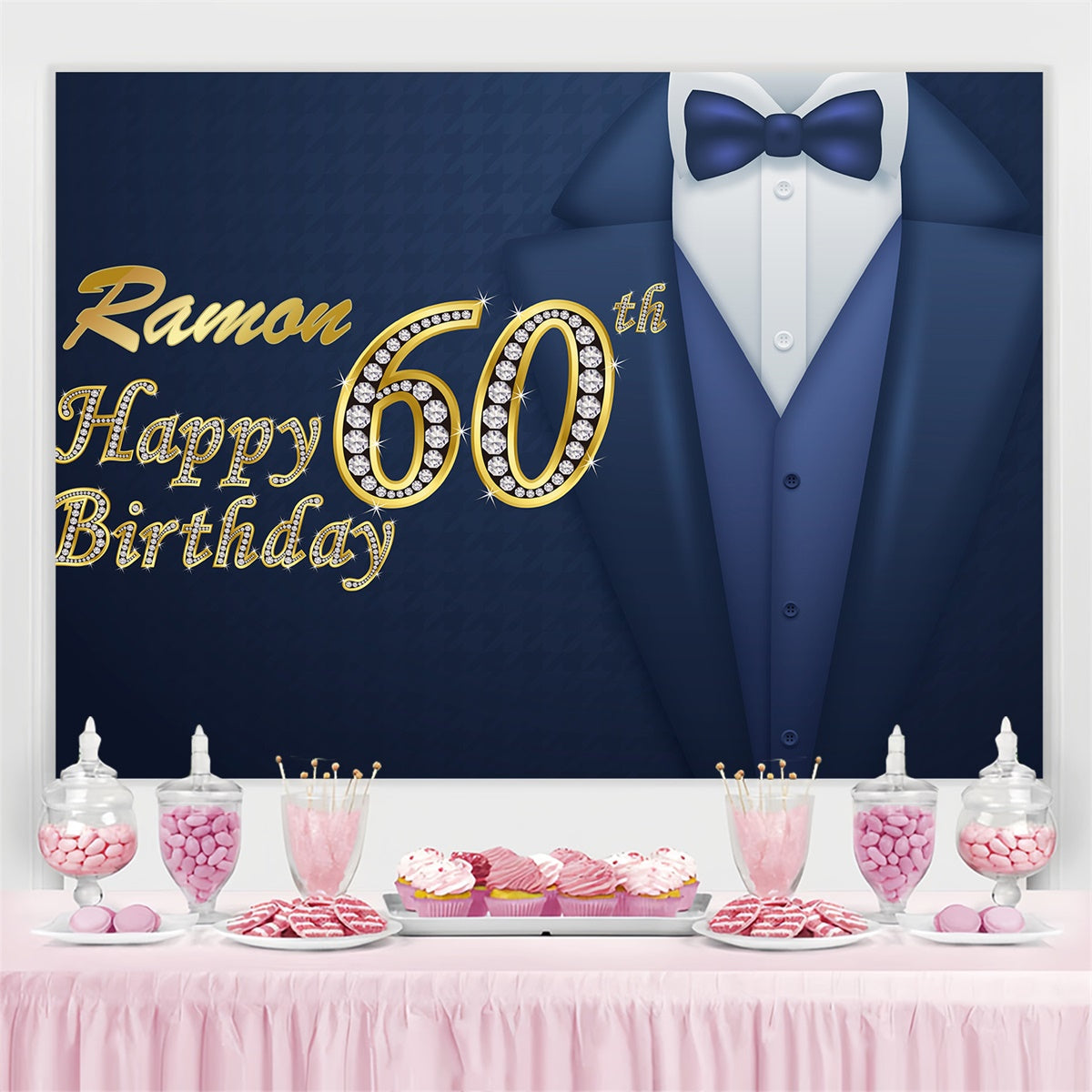 Personalized 60th Birthday Backdrop Elegant Blue Gold Tuxedo Backdrop BRP3-257