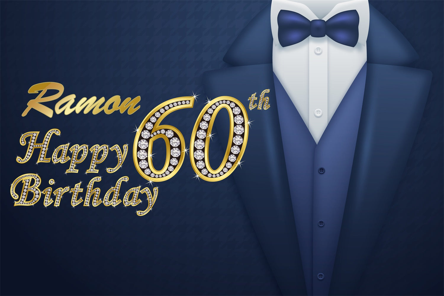 Personalized 60th Birthday Backdrop Elegant Blue Gold Tuxedo Backdrop BRP3-257
