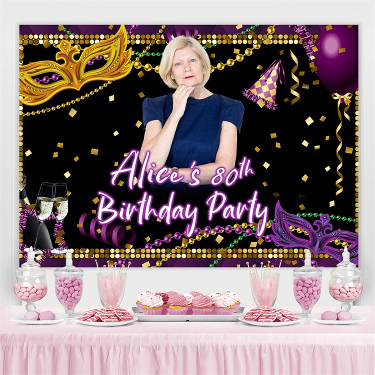 Customized Birthday Backdrop Purple Gold Mask Glamour 80th Backdrop BRP3-266
