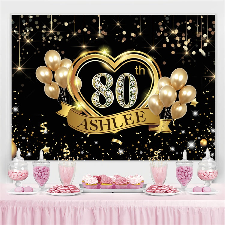 Custom Birthday Party Backdrop Golden Heart Balloon 80th Backdrop BRP3-270