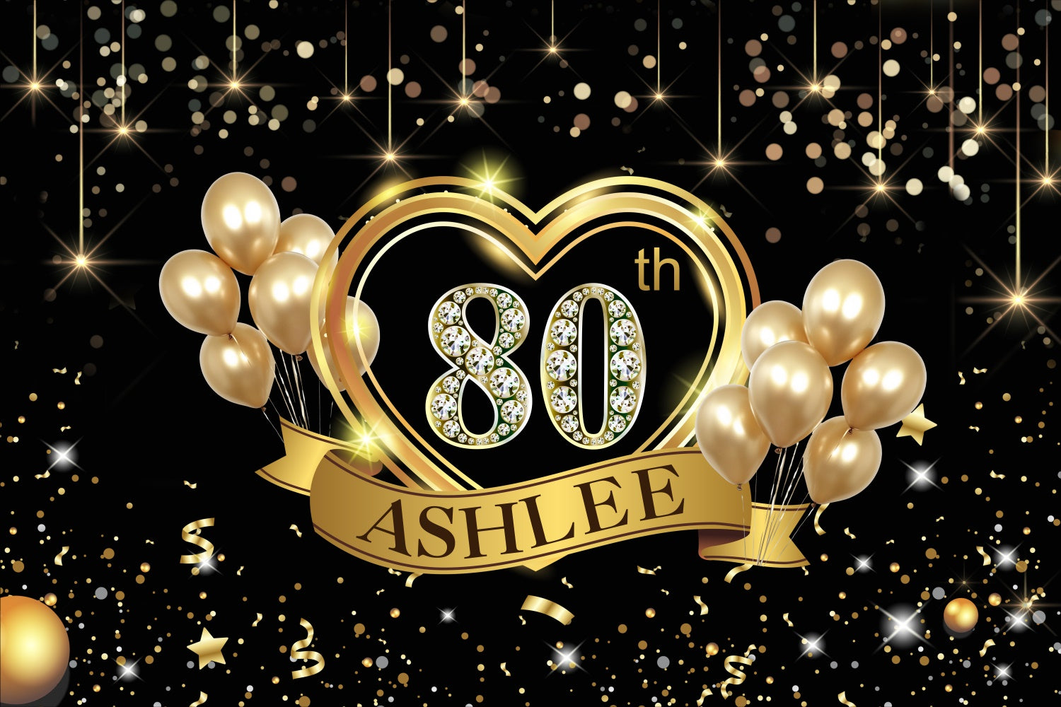Custom Birthday Party Backdrop Golden Heart Balloon 80th Backdrop BRP3-270