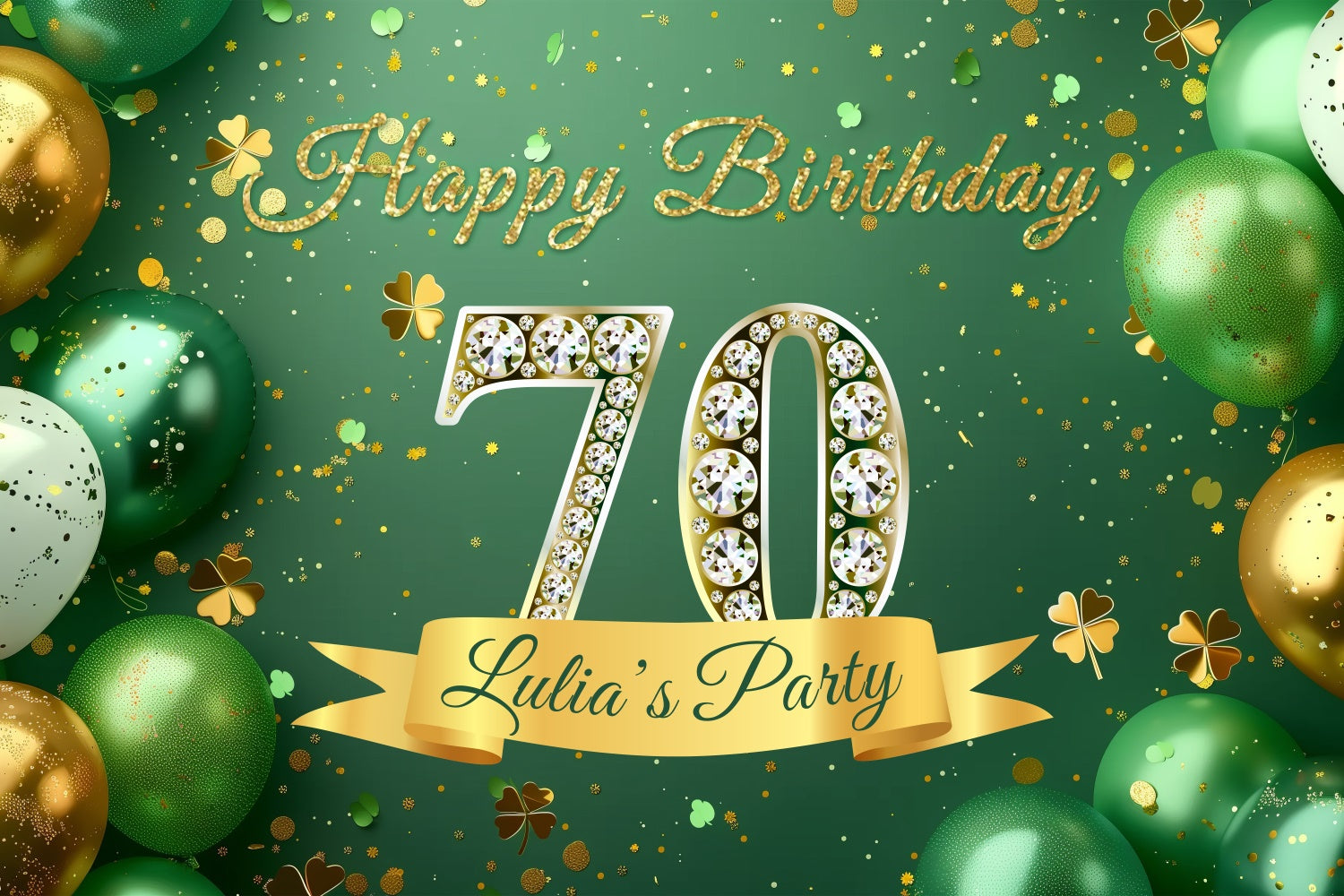 Personalized 70th Birthday Backdrop Green Glitter Balloons Backdrop BRP3-275