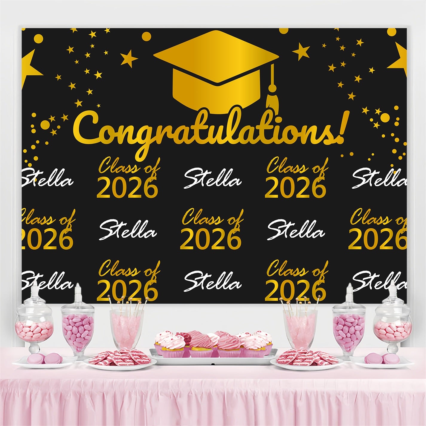 Personalized Graduation Backdrop Elegant Black Graduation Party Backdrop BRP3-3