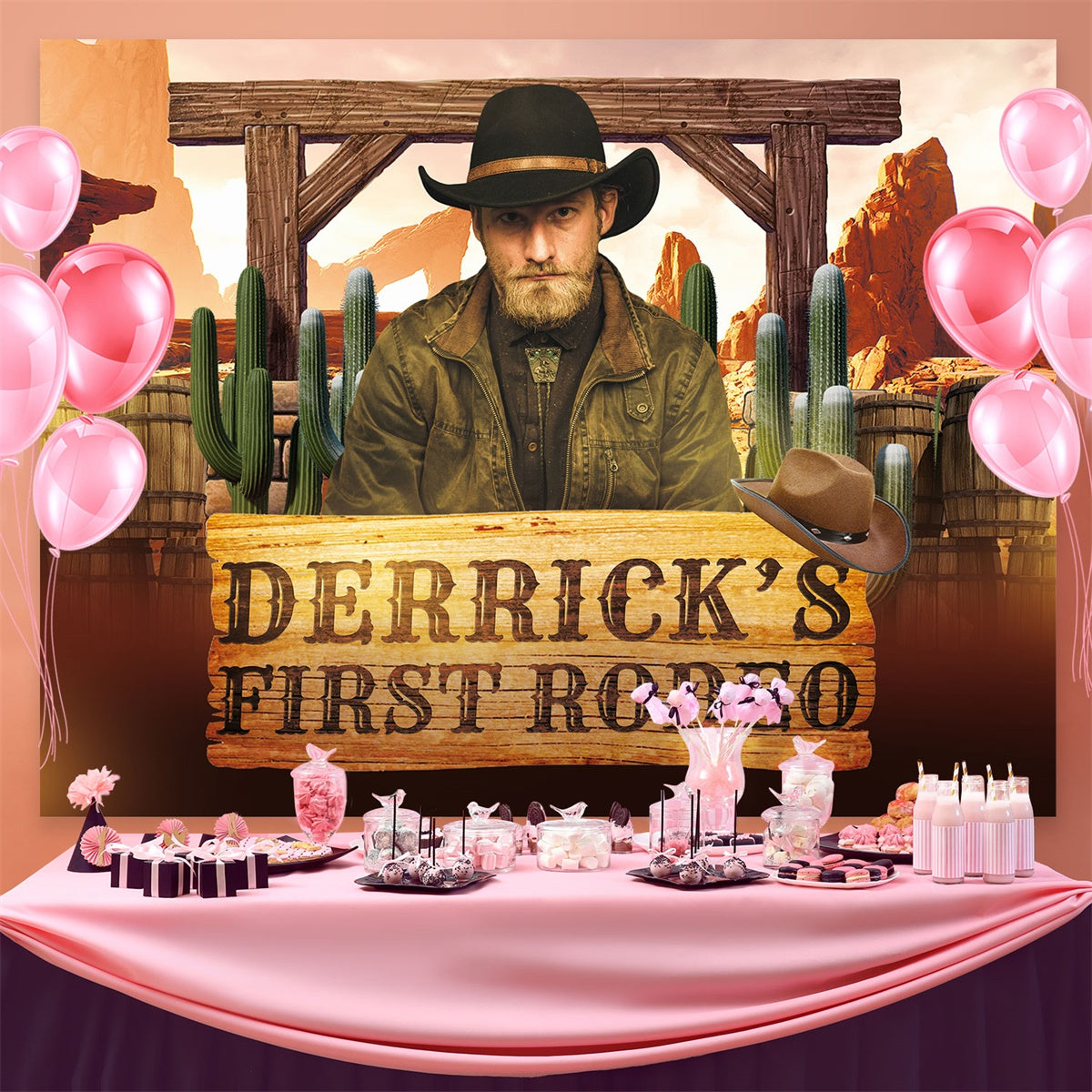 Personalized Backdrop For Birthday Cactus Rustic Cowboy Backdrop BRP3-42