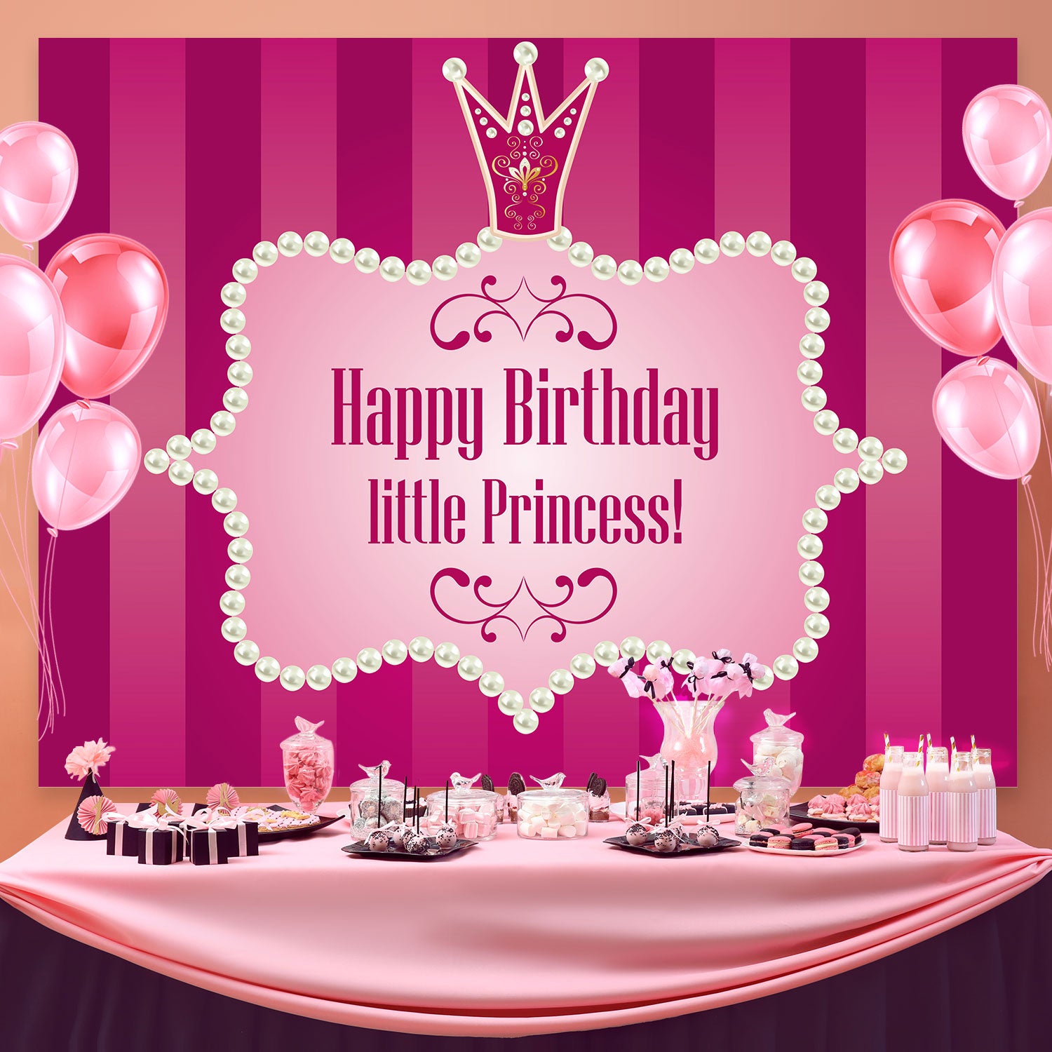 Personalized Birthday Photo Backdrop Pink Pearl Crown Backdrop BRP3-46