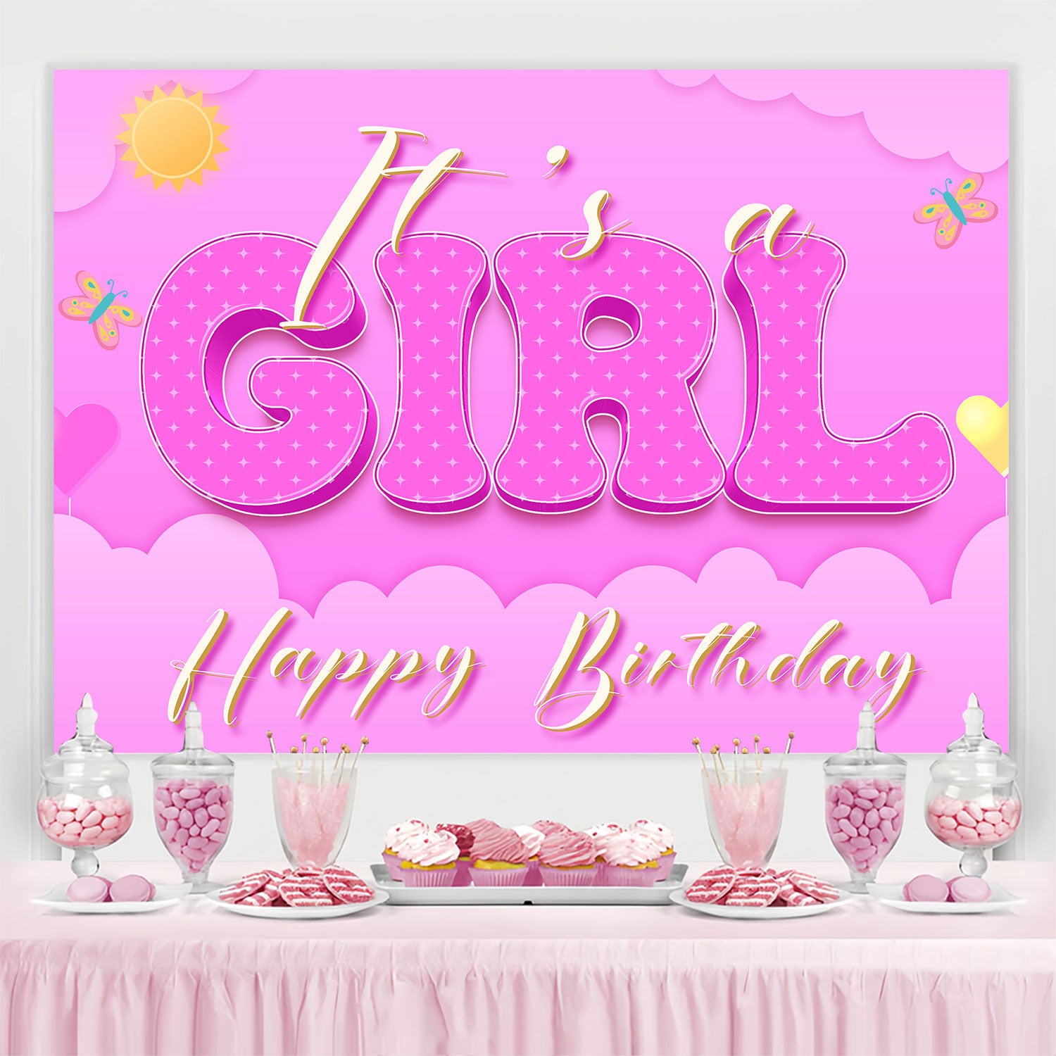 Custom Made Birthday Backdrops Shiny Pink Celebration Backdrop BRP3-53