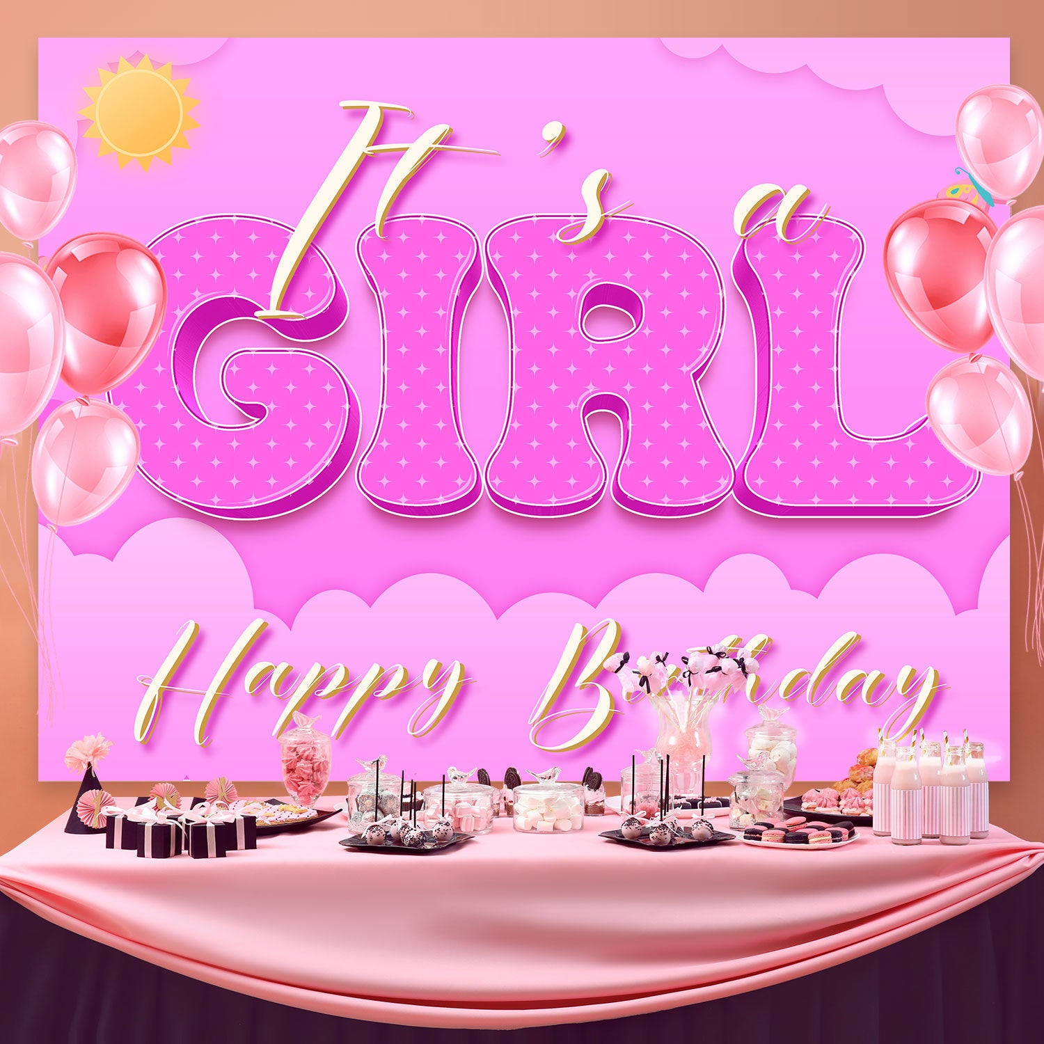 Custom Made Birthday Backdrops Shiny Pink Celebration Backdrop BRP3-53