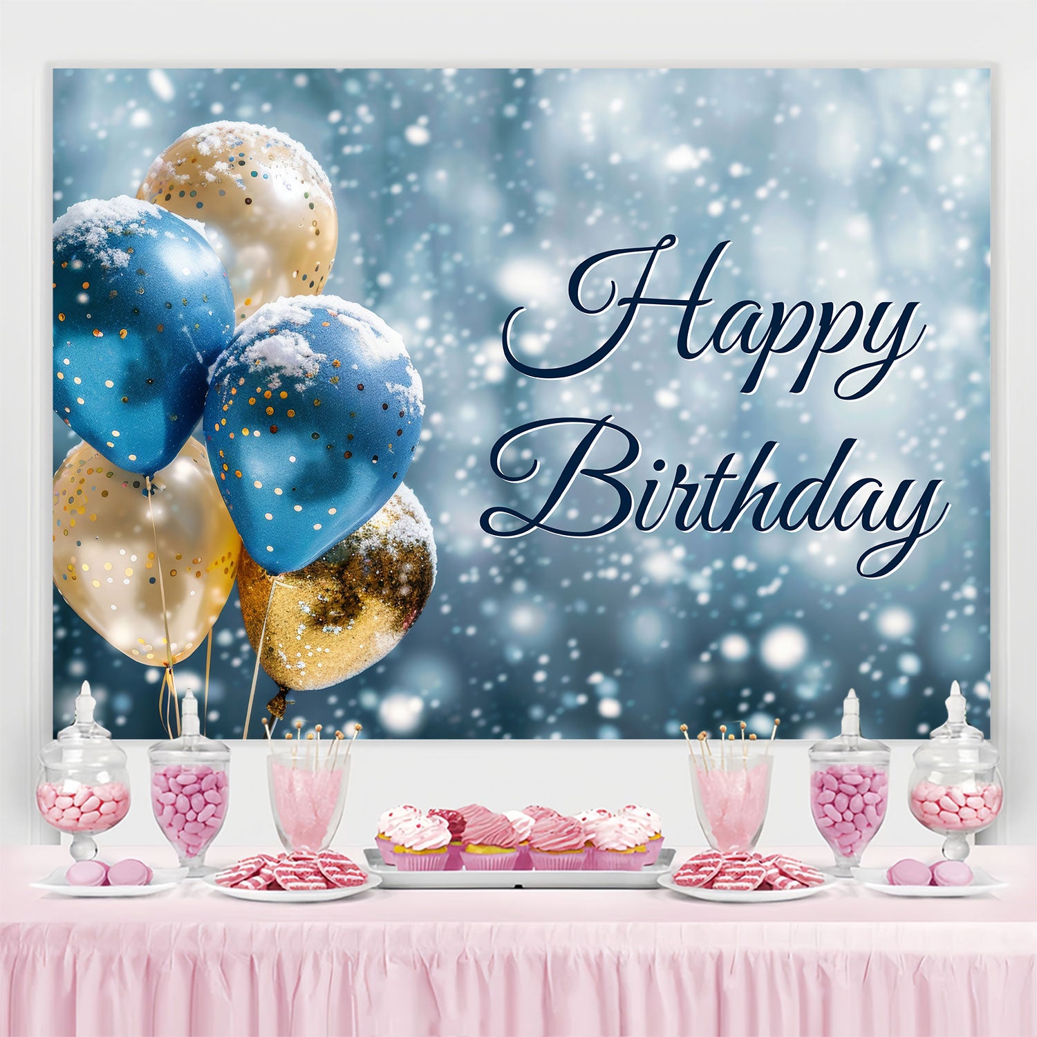 Custom Birthday Backdrops Winter Wonderland Balloons Backdrop BRP3-68
