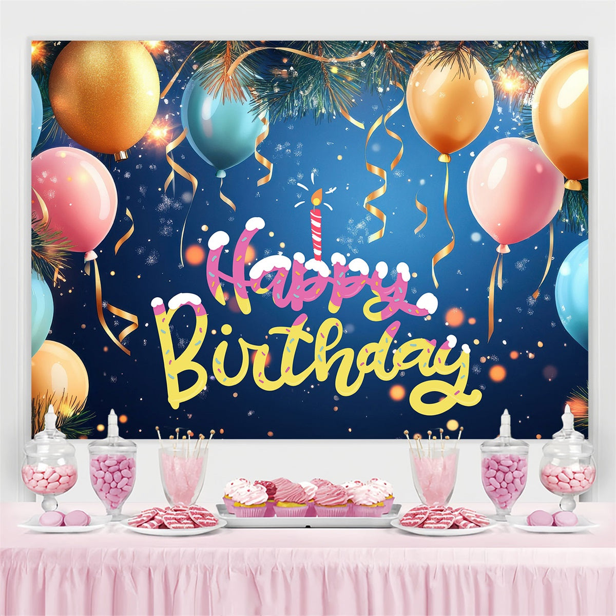 Custom Happy Birthday Backdrop Festive Pine Balloons Backdrop BRP3-70
