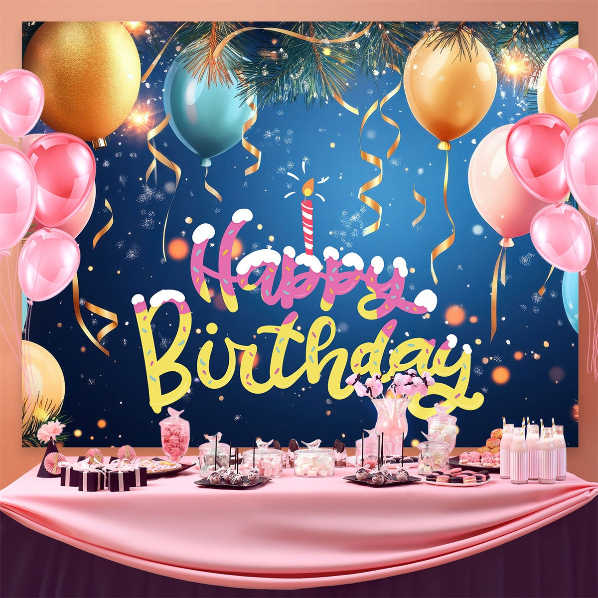 Custom Happy Birthday Backdrop Festive Pine Balloons Backdrop BRP3-70