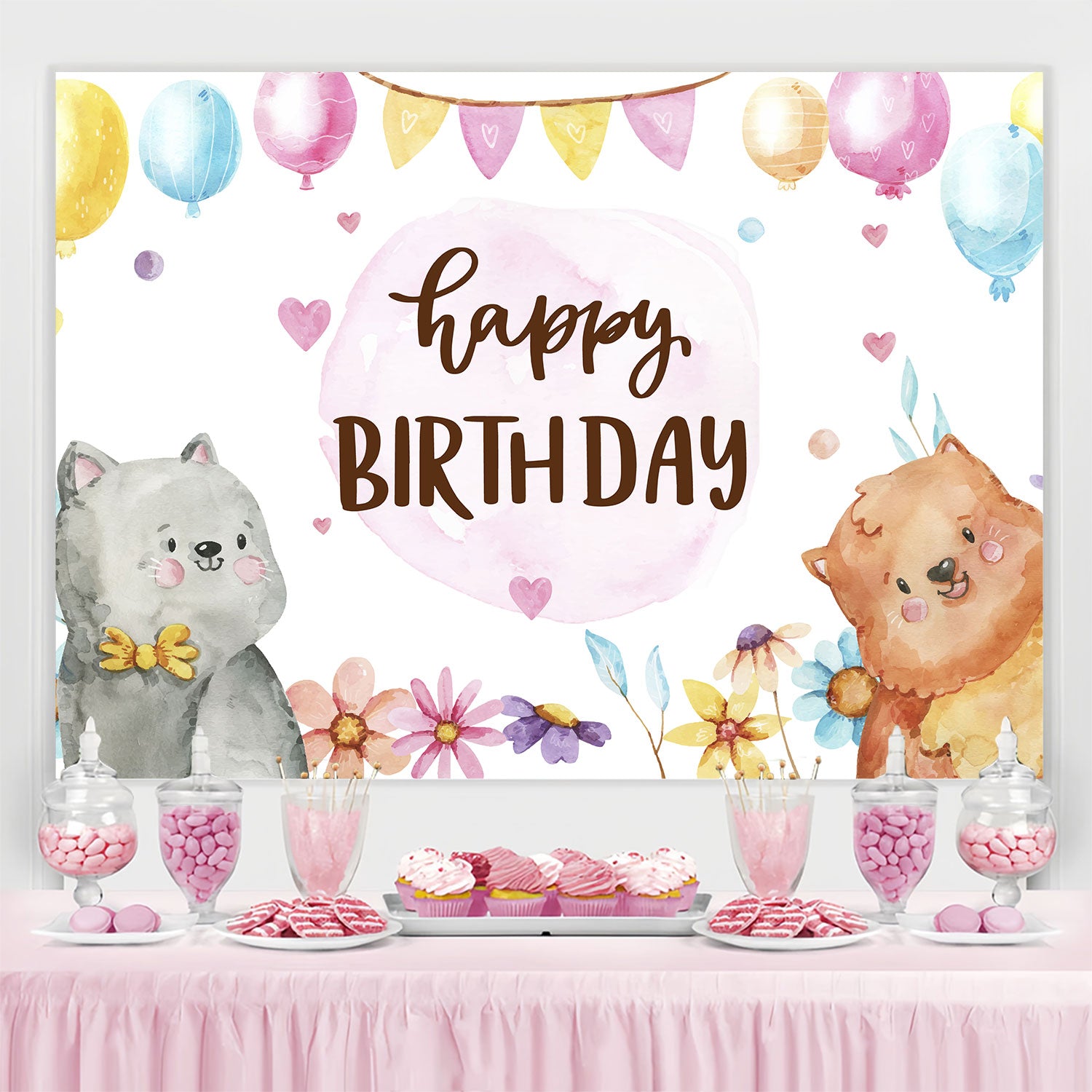 Birthday Backdrop Personalized Watercolor Cute Animals Backdrop BRP3-74