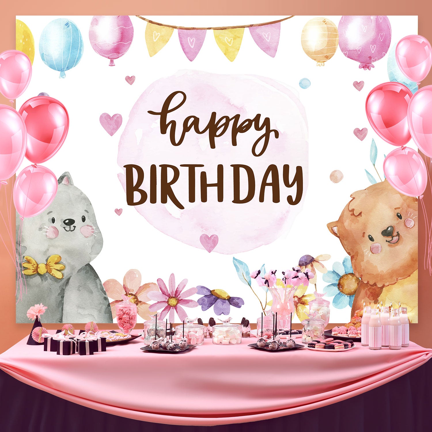 Birthday Backdrop Personalized Watercolor Cute Animals Backdrop BRP3-74