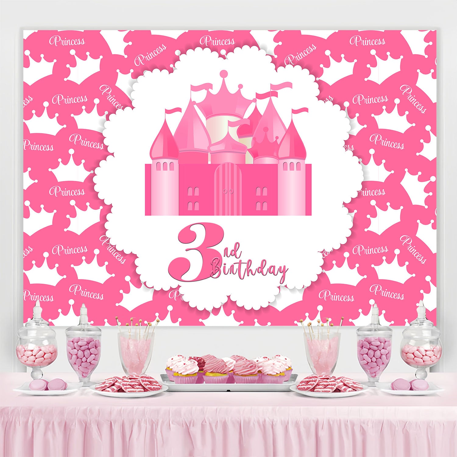 Customized Birthday Backdrop Pink Princess Castle 3rd Backdrop BRP3-84