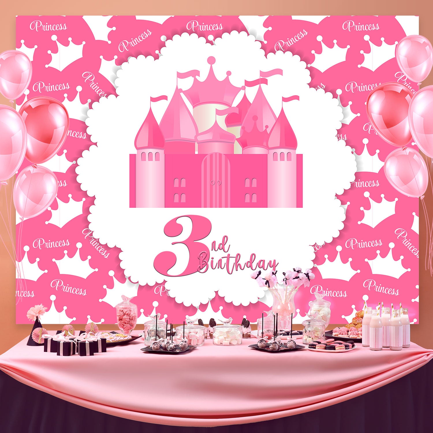 Customized Birthday Backdrop Pink Princess Castle 3rd Backdrop BRP3-84