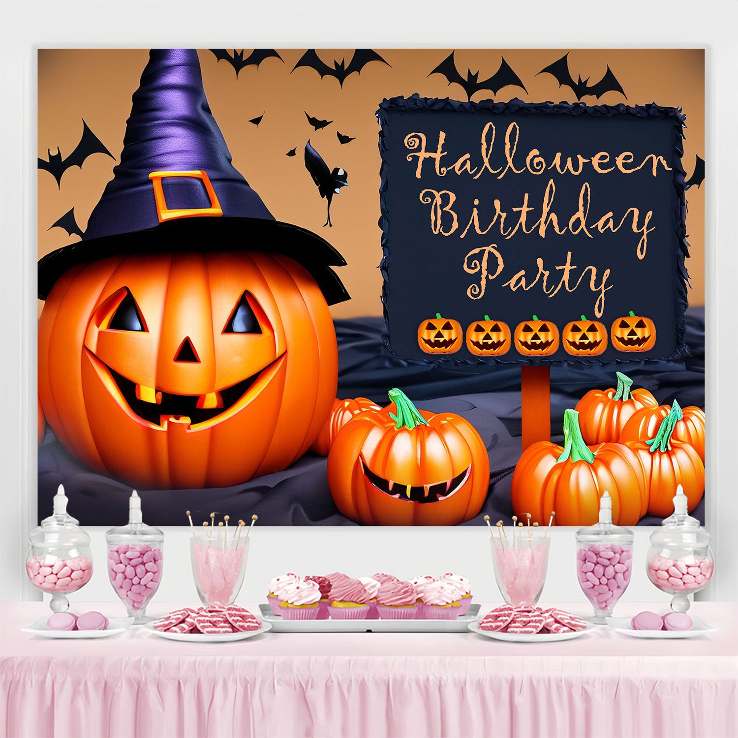 Custom Backdrops For Birthdays Witch Hat Pumpkin Backdrop BRP3-88