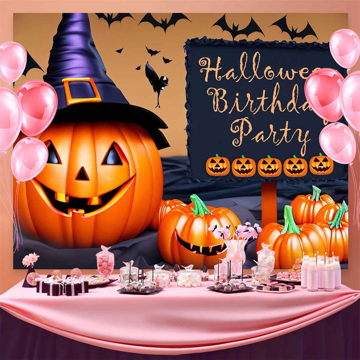 Custom Backdrops For Birthdays Witch Hat Pumpkin Backdrop BRP3-88