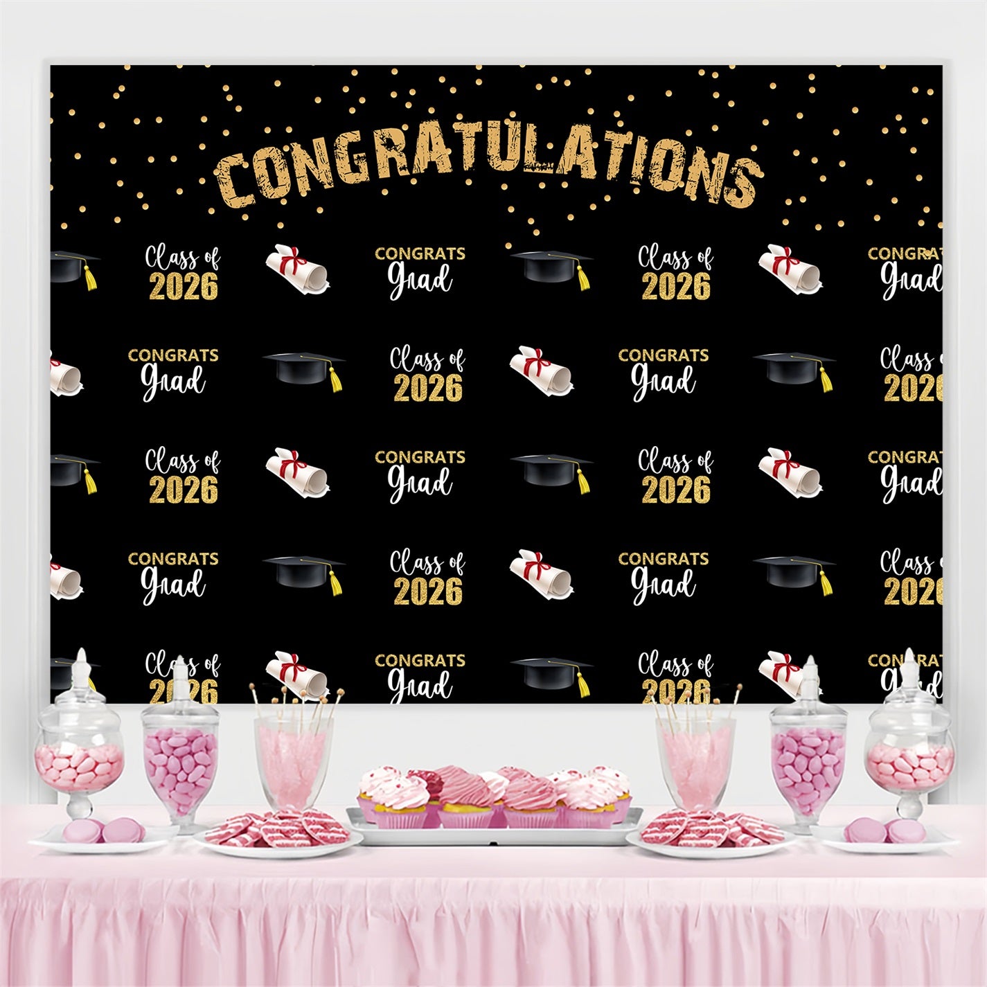 Custom Graduation Backdrop 2026 Elegant Black Graduation Party Backdrop BRP3-9
