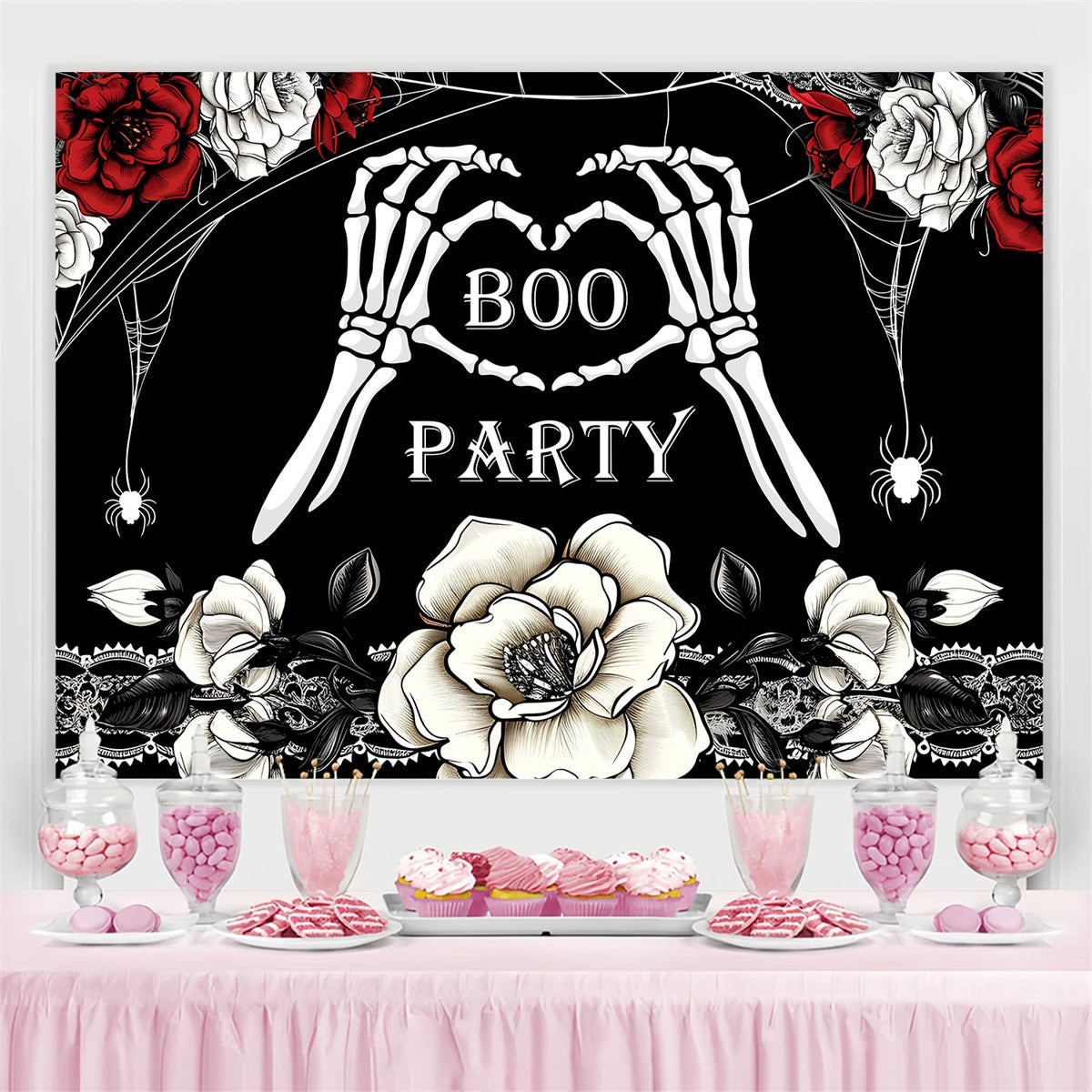 Custom Birthday Party Backdrop Gothic Skeleton Roses Backdrop BRP3-90