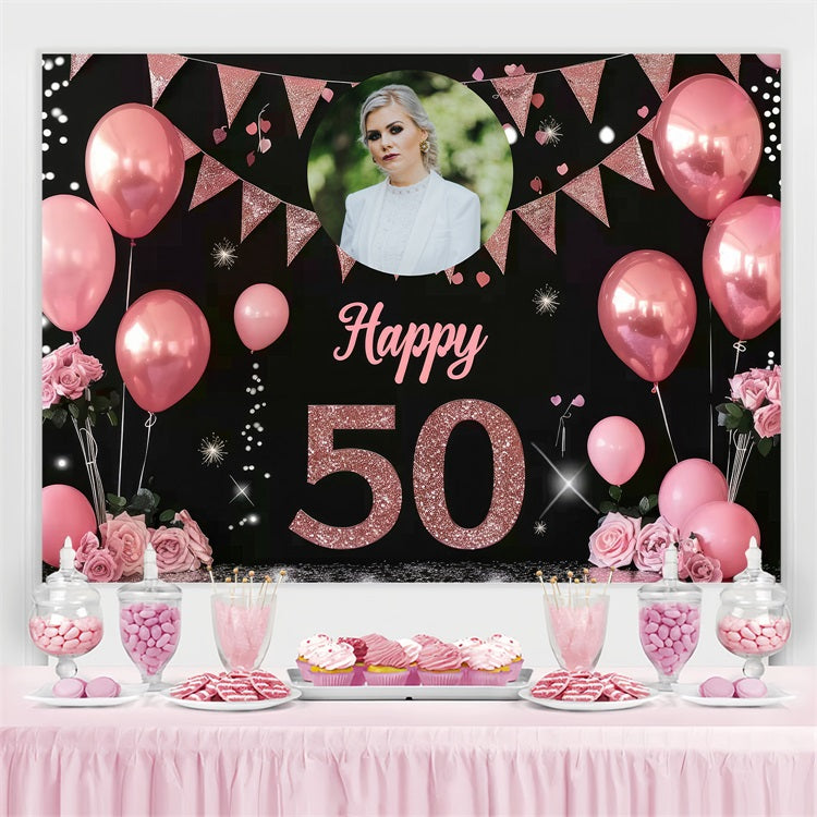 Personalized 50th Birthday Backdrops Pink Balloon Rose Backdrop BRP4-10