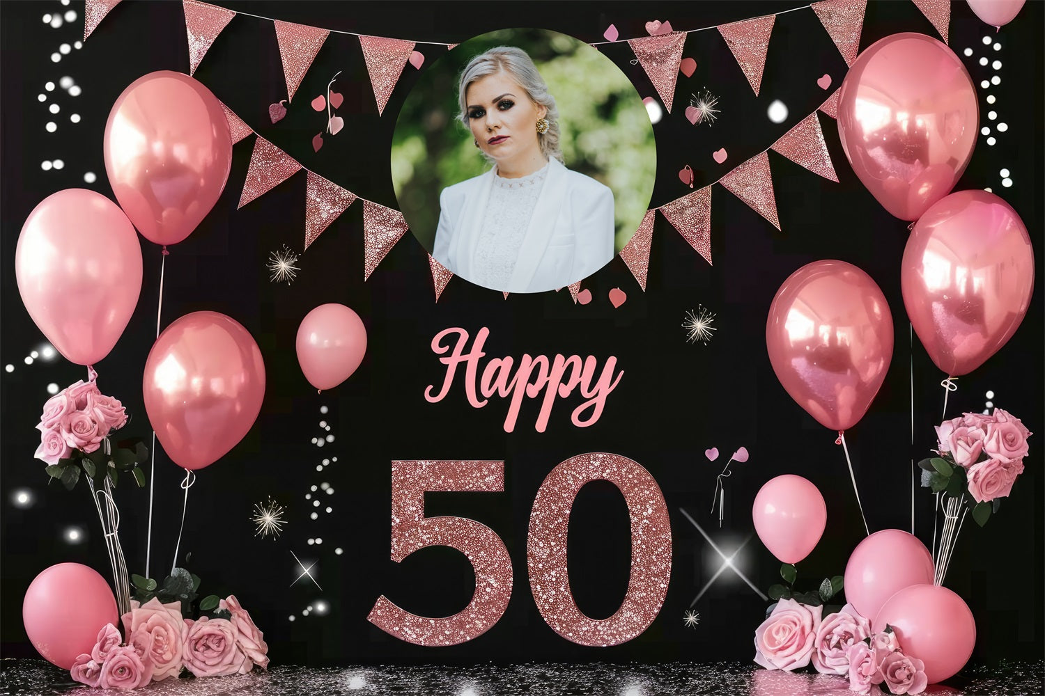 Personalized 50th Birthday Backdrops Pink Balloon Rose Backdrop BRP4-10