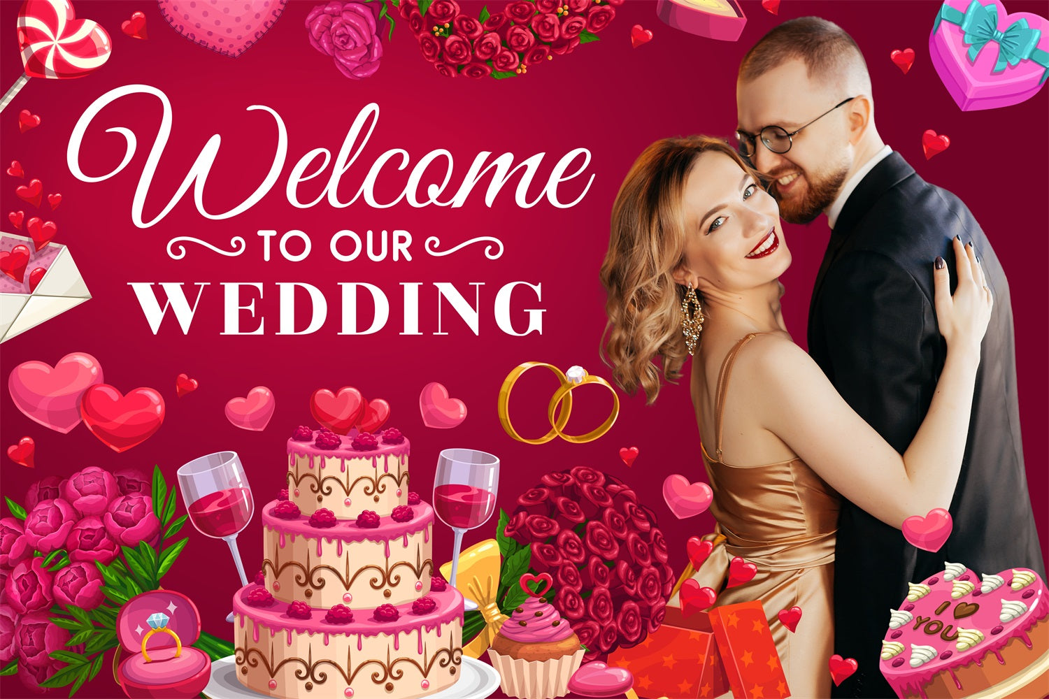 Wedding Photo Backdrop Love Roses Cake Personalised Backdrop BRP4-109