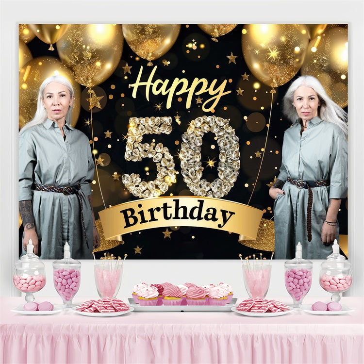 Personalized 50th Birthday Backdrop Glitzy Stars Balloons Backdrop BRP4-11