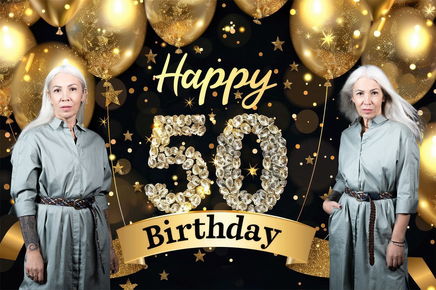 Personalized 50th Birthday Backdrop Glitzy Stars Balloons Backdrop BRP4-11