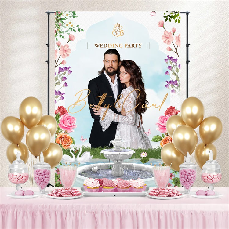 Wedding Floral Backdrop Garden Swan Fountain Personalized Backdrop BRP4-128