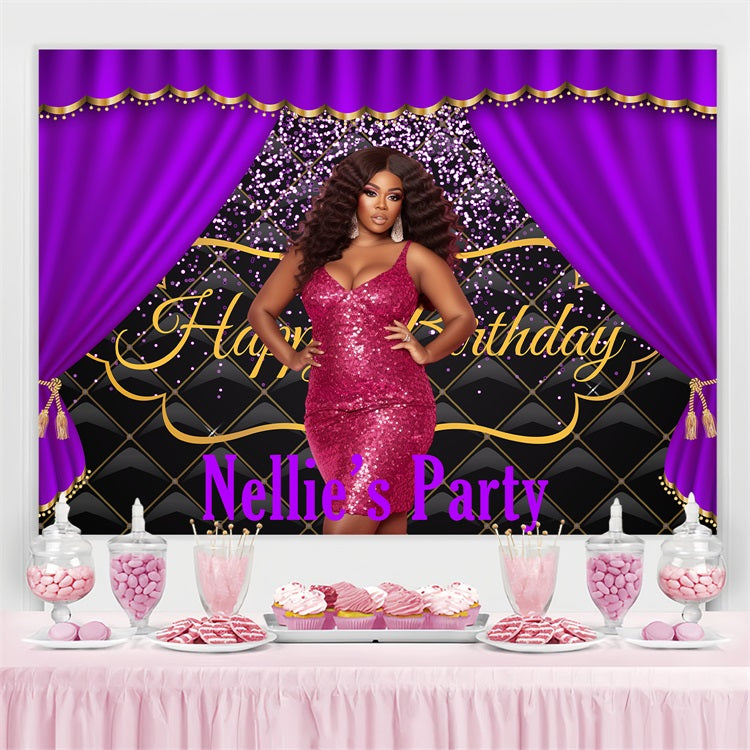 Customized Birthday Backdrop Sparkly Purple Curtain Backdrop BRP4-14