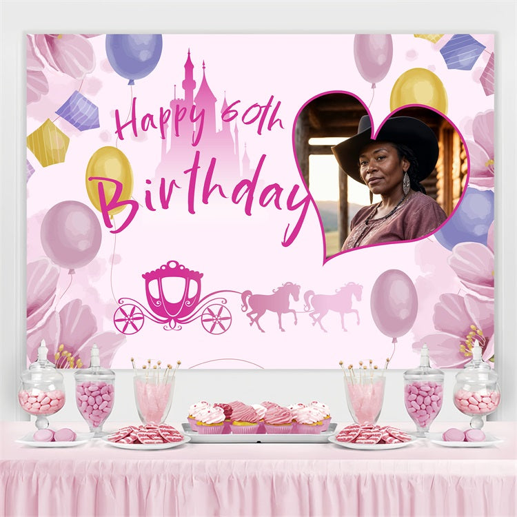 Personalized Birthday Photo Backdrop Floral Castle 60th Balloon Backdrop BRP4-16