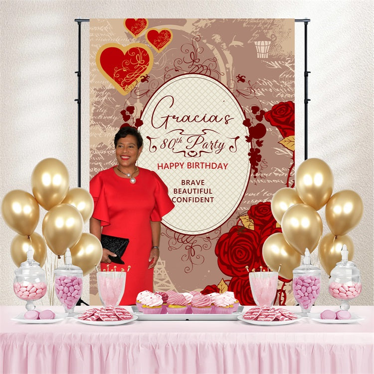 Personalized Birthday Backdrop Red Rose 80th Backdrop BRP4-21