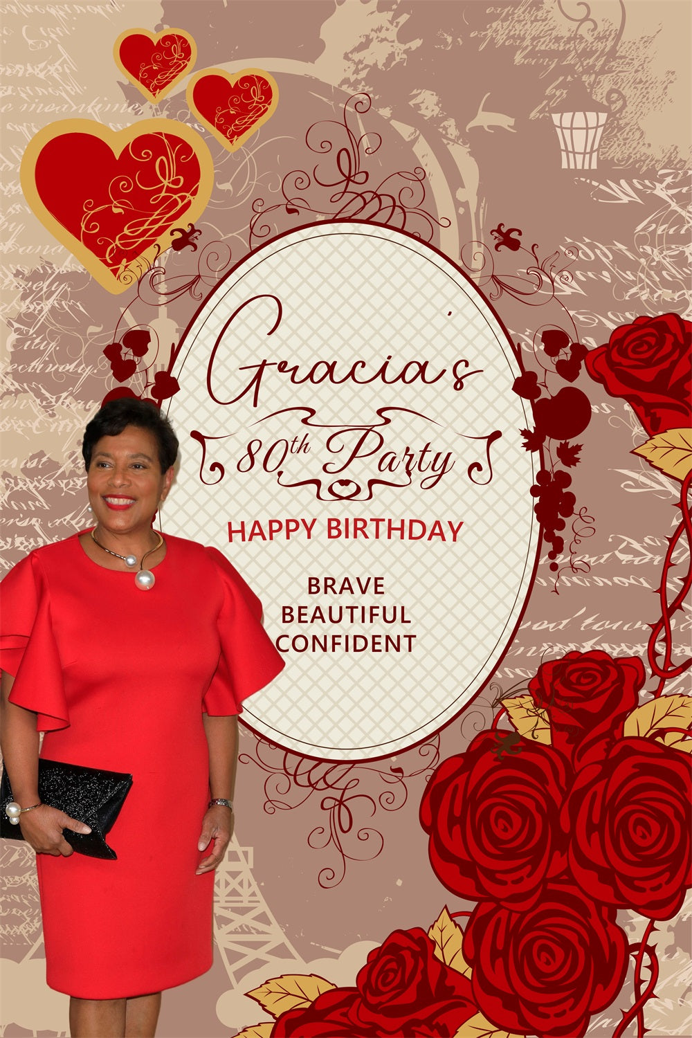 Personalized Birthday Backdrop Red Rose 80th Backdrop BRP4-21