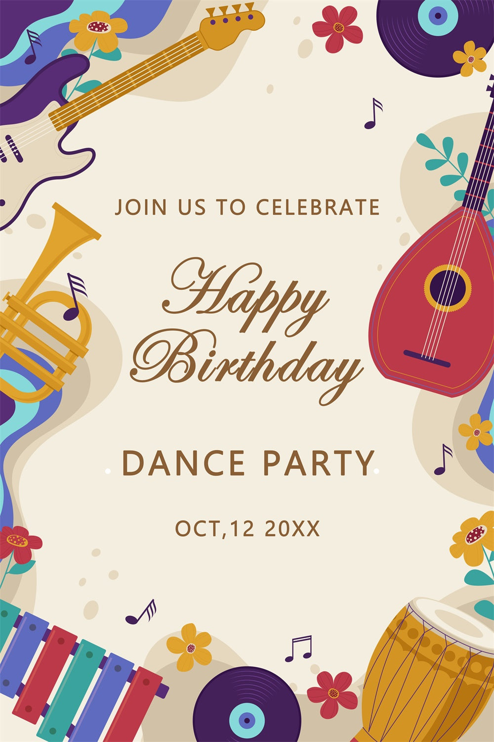 Dance Backdrop Cartoon Music Theme Birthday Custom Backdrop BRP4-225