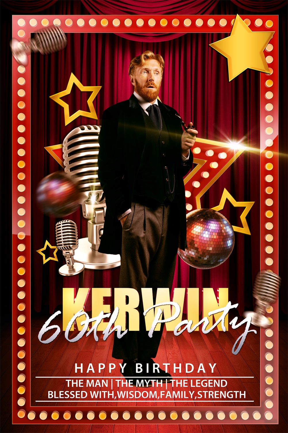 Personalized 60th Birthday Backdrop Red Stage Spotlight Backdrop BRP4-38