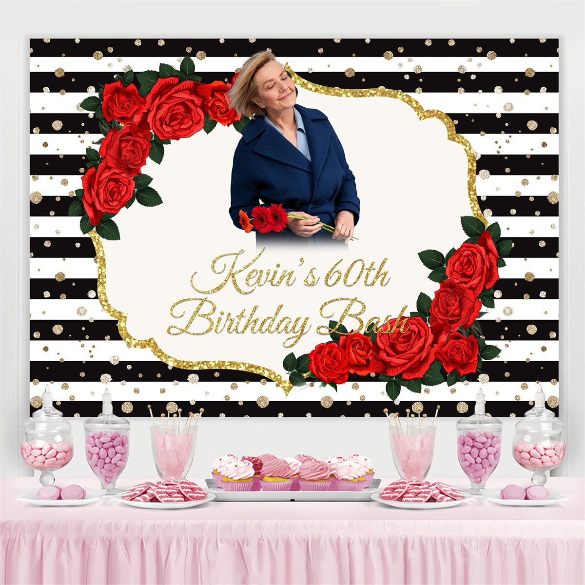 Kentucky Derby Photo Backdrops 60th Striped Rose Bash Custom Backdrop BRP4-50