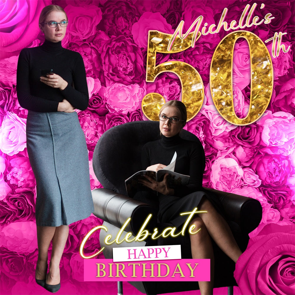 50th Birthday Photo Backdrop Graceful Pink Floral Custom Backdrop BRP5-101