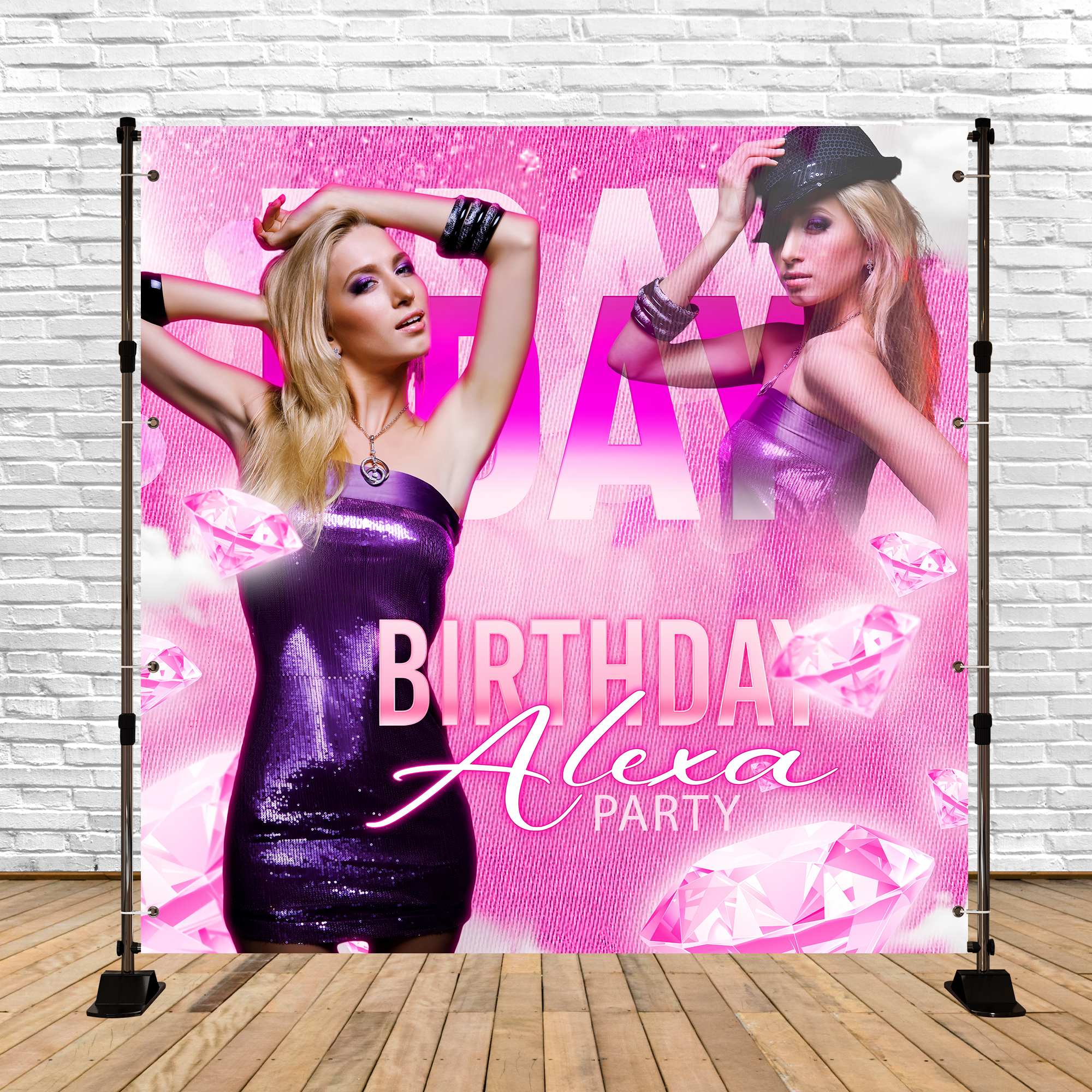 Pink Birthday Backdrop Diamond Glam Pink Personalized Backdrop BRP5-89
