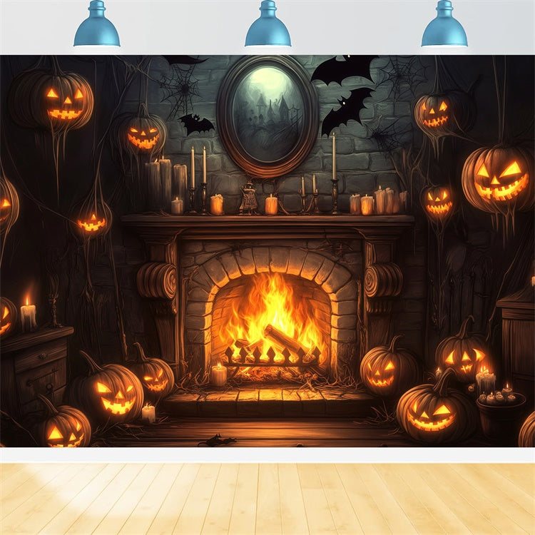Halloween Picture Backdrop Pumpkin Fireplace Bat Backdrop BRP57-113