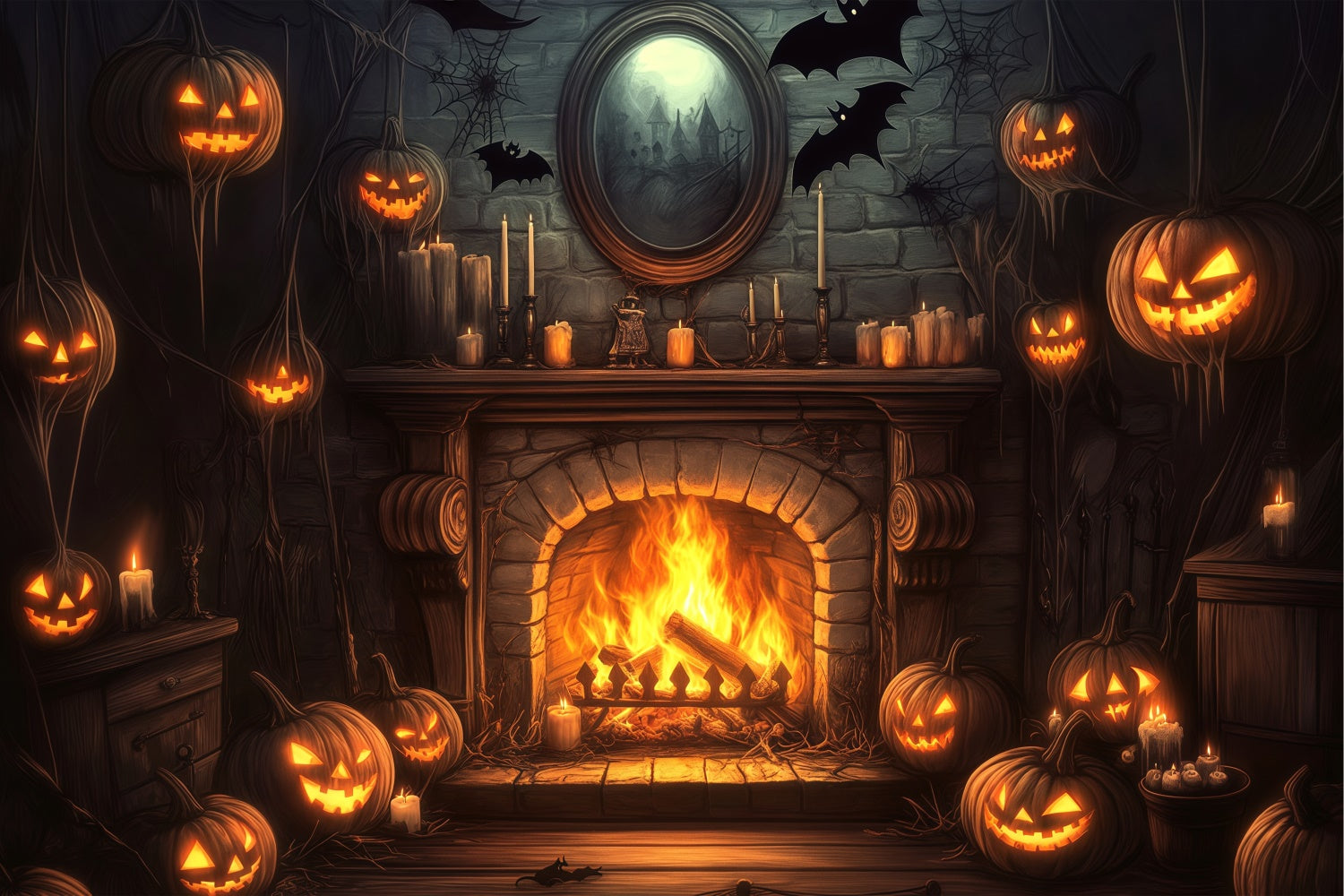 Halloween Picture Backdrop Pumpkin Fireplace Bat Backdrop BRP57-113