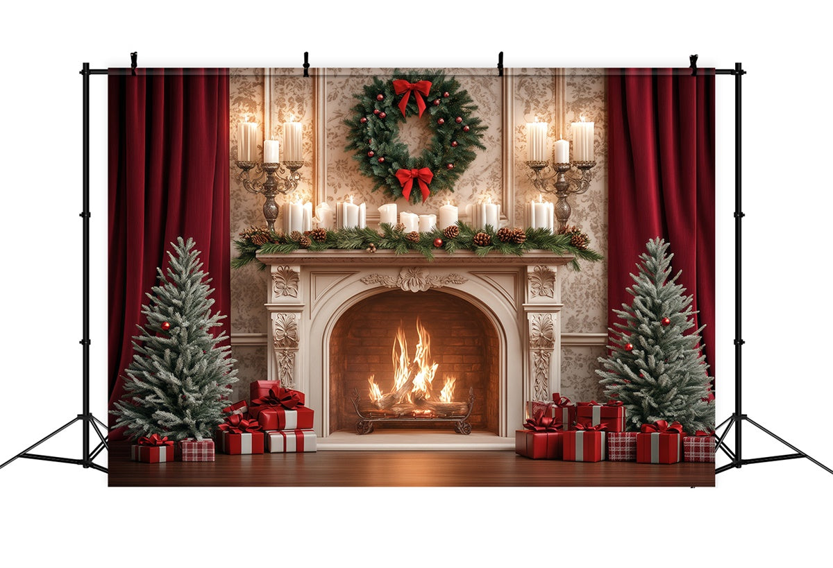 Christmas Fireplace Backdrop Pine Candle Celebration Backdrop BRP57-129