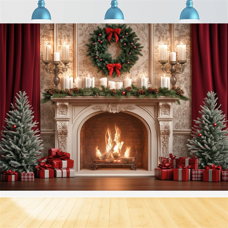 Christmas Fireplace Backdrop Pine Candle Celebration Backdrop BRP57-129