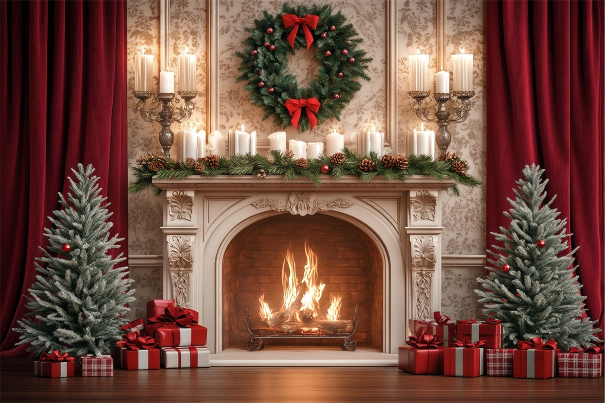 Christmas Fireplace Backdrop Pine Candle Celebration Backdrop BRP57-129