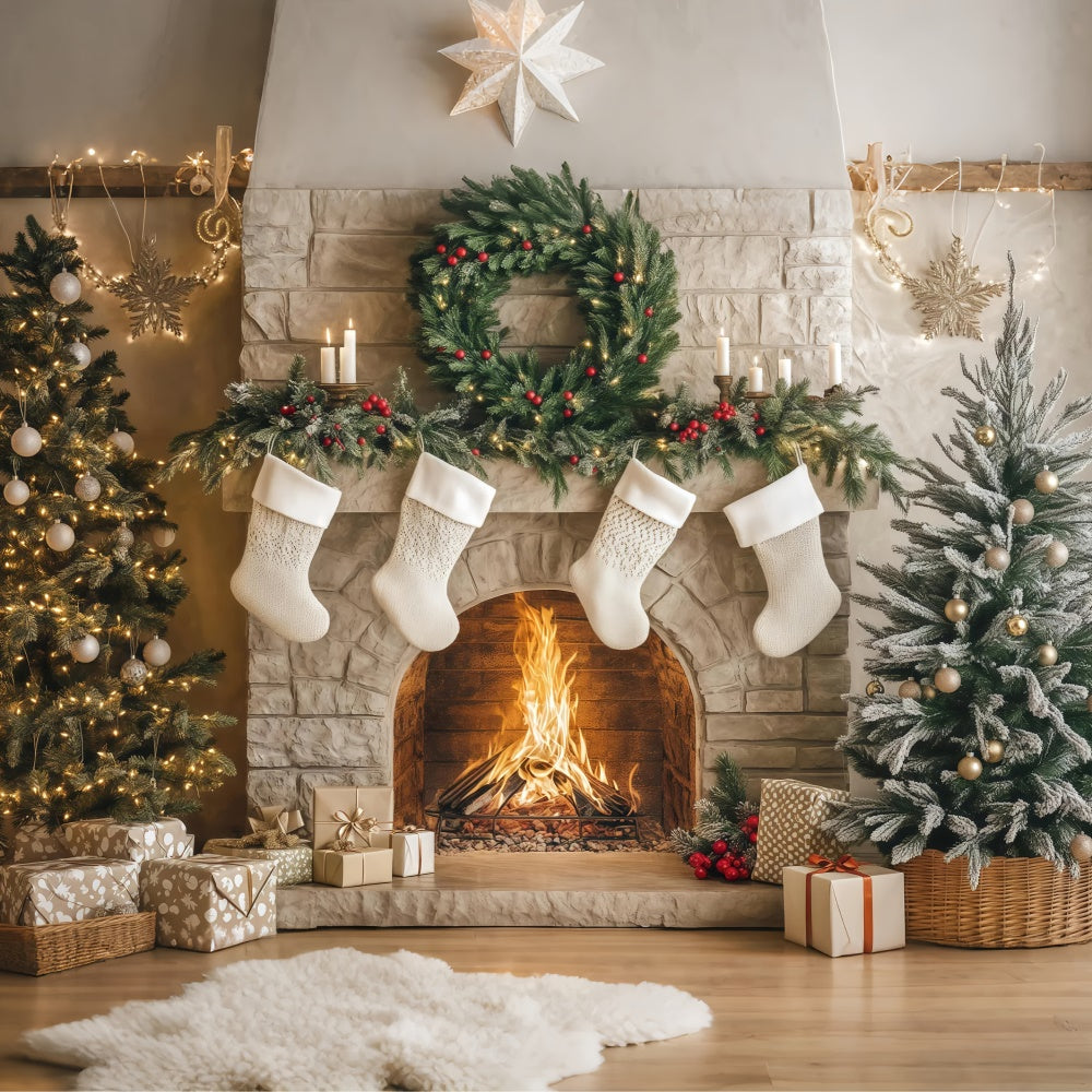 Professional Christmas Backdrops Cozy Hearth Stockings Backdrop BRP57-133